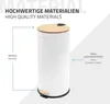 A white pedal trash can with a bamboo lid, highlighted with text labels indicating its materials. Podgląd zdjęcia produktu