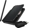 A black Samsung S Pen, a black foldable phone case, and a black charging adapter are arranged on a white background. Produktbild-Vorschau