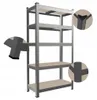 A 5-tier shelving unit is shown against a white background, with close-up insets highlighting the corner and foot protectors. Náhled obrázku produktu