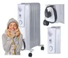 A woman is happily posing next to an electric oil heater, with close-up shots of the heater's cord storage and control panel. Podgląd zdjęcia produktu