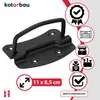 A black metal handle for a box or chest is shown on a light gray and white background with marketing icons and text. Náhled obrázku produktu