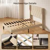 A bed frame with a tufted wingback headboard, shown with close-up insets highlighting its features. Produktbild-Vorschau
