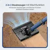 A vacuum cleaner head with a blue handle is shown cleaning a wooden floor, with dust and debris being picked up. Produktbild-Vorschau
