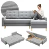 A collage of images showing a grey sectional sofa in different configurations, including one with a person reading on it and two showing its storage and bed functions. Produktbild-Vorschau