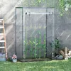 A greenhouse with corn plants inside, placed in a garden setting next to a concrete wall and a ladder. Produktbild-Vorschau