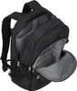 A black backpack is shown with its main compartment and front pocket open, revealing internal organization. Produktbild-Vorschau