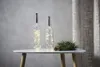 Two glass bottles with LED lights inside, placed on a white table next to a pine branch with pinecones. Produktbild-Vorschau