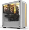 A white computer case with internal components visible, including fans and graphics card, illuminated by orange and yellow lighting. Produktbild-Vorschau
