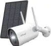 A white security camera with a solar panel, shown against a white background. Produktbild-Vorschau