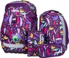 A collection of purple school bags and accessories with a colorful leaf and chameleon pattern. Náhľad obrázku produktu