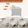 A white sofa bed is shown in different configurations and angles, demonstrating its adjustable backrest and conversion into a bed. Produktbild-Vorschau