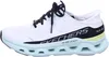A side view of a white Skechers athletic shoe with black and light blue accents. Voir les images du produit
