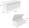 Two views of a white wooden garden chest, one closed with dimensions and one open. Anteprima dell’immagine prodotto