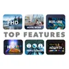 A collage of six squares, each displaying a feature of a smart TV, with the words "TOP FEATURES" in large gray text in the center. Produktbild-Vorschau