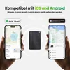 A device is shown between two smartphones, demonstrating compatibility with both iOS and Android operating systems. The phones display map applications. Produktbild-Vorschau