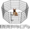 A French Bulldog sits inside a black wire dog playpen. Below the playpen are several smaller wireframe diagrams of different configurations of the playpen. Produktbild-Vorschau