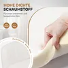 A hand pressing into a foam cushion, with text overlays describing the product's features. Voir les images du produit