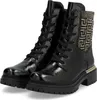 A pair of black patent leather lace-up boots with a patterned cuff and gold trim. Voir les images du produit