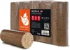 A package of wood briquettes with one briquette in the foreground. Produktbild-Vorschau