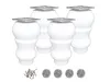 Four white furniture legs with silver mounting plates are displayed on a white background, along with a pile of screws and four felt pads. Náhľad obrázku produktu