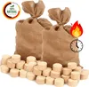 Two burlap sacks filled with wood briquettes are shown in front of a pile of loose wood briquettes. Icons for fire and a clock are present. Anteprima dell’immagine prodotto