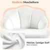 A white, shell-shaped chair with a close-up inset of its fabric. Produktbild-Vorschau