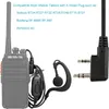 A walkie-talkie with an attached earpiece and a K-head plug adapter shown on a white background, with text listing compatible models. Produktbild-Vorschau