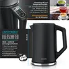 A black electric kettle with a digital display and a side view, accompanied by text describing its features and images of beverages. Produktbild-Vorschau