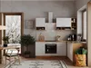A modern kitchen with white cabinets and wooden accents, set against a grey concrete wall. A large window shows a snowy outdoor scene. Produktbild-Vorschau