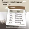 A graphic showing a feeding chart for dogs with different weight categories and corresponding daily food amounts. Produktbild-Vorschau