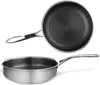Two views of a stainless steel frying pan with a honeycomb pattern on the interior. Náhled obrázku produktu