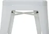 A close-up view of the underside of a white metal bar stool, showing the cross bracing between the legs. Voir les images du produit