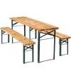 A wooden picnic table and two benches on a white background. Produktbild-Vorschau