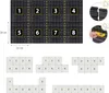 Diagrams showing different configurations of numbered puzzle pieces, with dimensions indicated for a larger piece. Voir les images du produit