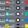 A set of screwdriver bits with color-coded bands and corresponding symbols and colors. Produktbild-Vorschau
