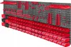 A wall-mounted tool organizer system with multiple red bins and holders. Náhled obrázku produktu