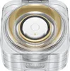 A top-down view of a clear, square-shaped charging case for wireless earbuds, with gold accents and a white earbud visible inside. Anteprima dell’immagine prodotto