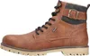 A side view of a brown leather boot with black laces and a gray accent band with a buckle. Produktbild-Vorschau
