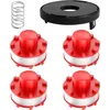 A collection of replacement parts for a string trimmer, including spools, a cap, and a spring.