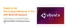 A marketing image showing text about pre-installed Windows 11 Pro and multi-OS support, alongside a tablet displaying the Ubuntu logo. Produktbild-Vorschau