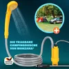 A camping shower kit is shown with a shower head, hose, pump, and a car adapter, set against a dark blue background. Inset images show a tent and car in a campsite, and a plus sign. Produktbild-Vorschau