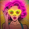A pop-art style illustration of a woman wearing large yellow sunglasses with the word "WOW" inside them. She has bright pink hair and is touching her sunglasses with her hand. Voir les images du produit
