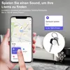 A hand holding a smartphone displaying a map application, with a key tracker attached to keys in the foreground. Marketing text and icons are overlaid. Produktbild-Vorschau
