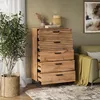A wooden chest of drawers is shown in a room setting with a plant and a sofa in the background. Náhled obrázku produktu