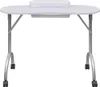 A white folding manicure table with a padded armrest and wheels, shown from the front. Anteprima dell’immagine prodotto