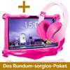 A pink tablet with headphones and a yellow plus sign, suggesting a bundle or package deal. Produktbild-Vorschau