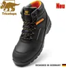 A black work boot with orange accents and laces, presented against a white background. Produktbild-Vorschau