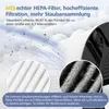 Close-up views of a HEPA filter with text explaining its effectiveness. Produktbild-Vorschau