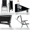 Collage of images showing a folding chair and table set, with close-ups of features and descriptive text. Náhled obrázku produktu