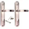 Two door handles with their accessories on a white background. Produktbild-Vorschau